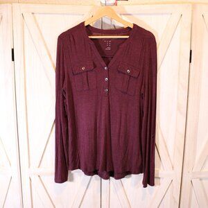 A New Day Burgundy Button Front Henley Top- Size Medium
